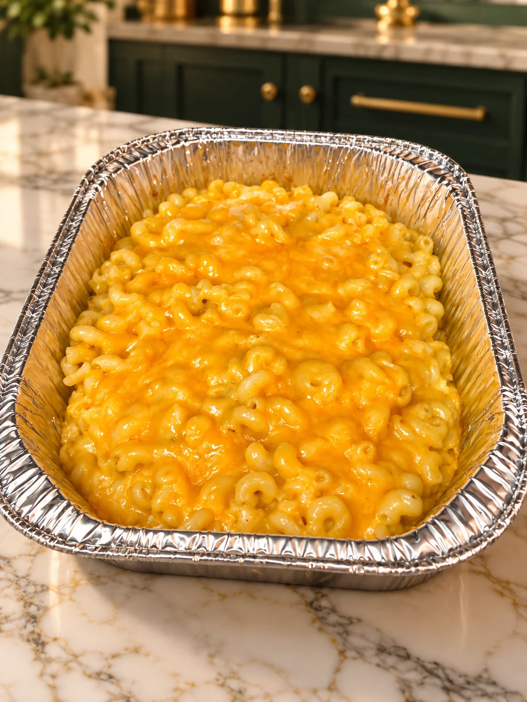 Jelani’s home-baked macaroni and cheese in a foil pan on marble