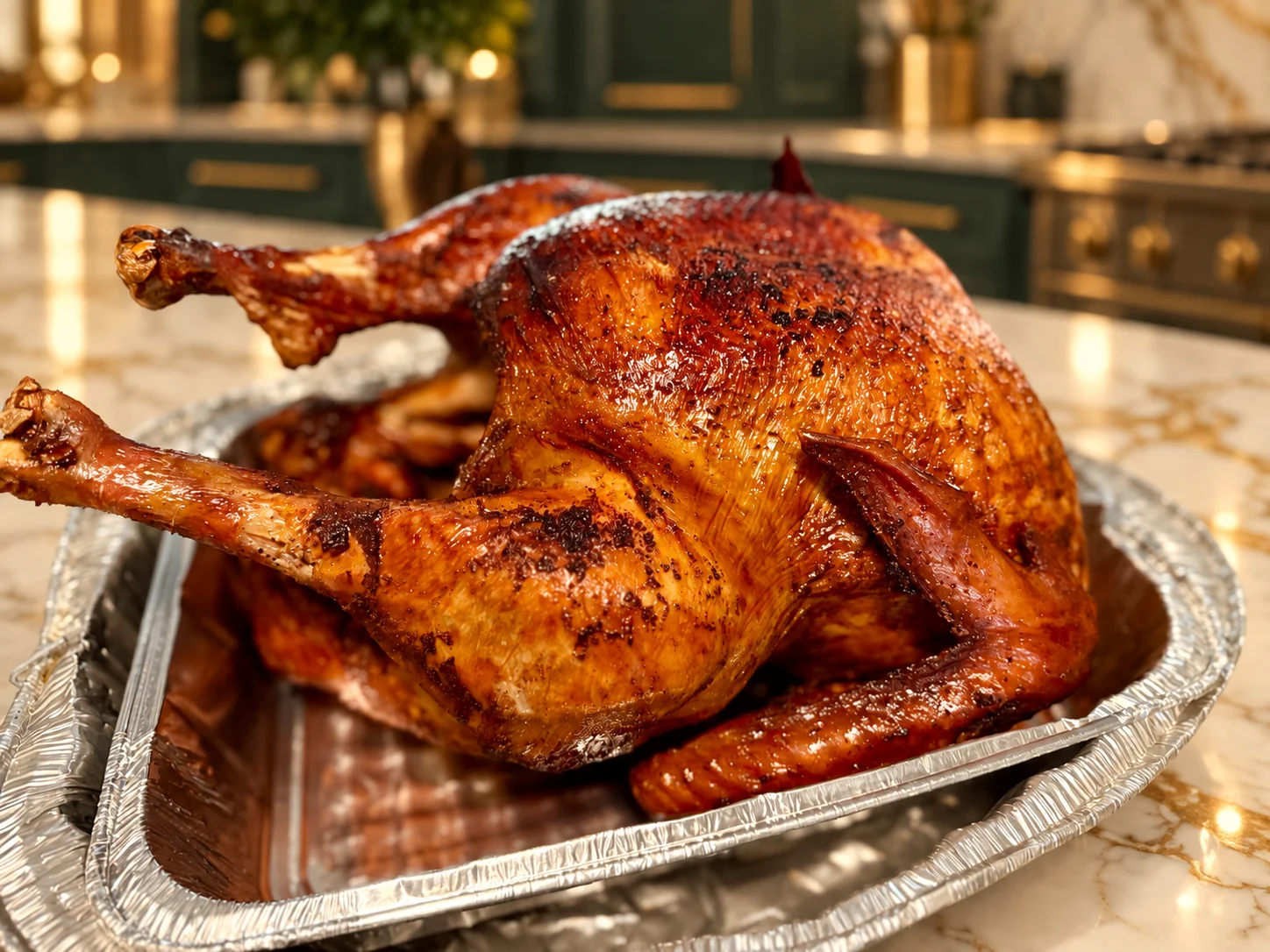Jelani’s Cajun fried turkey styled in an elegant marble kitchen